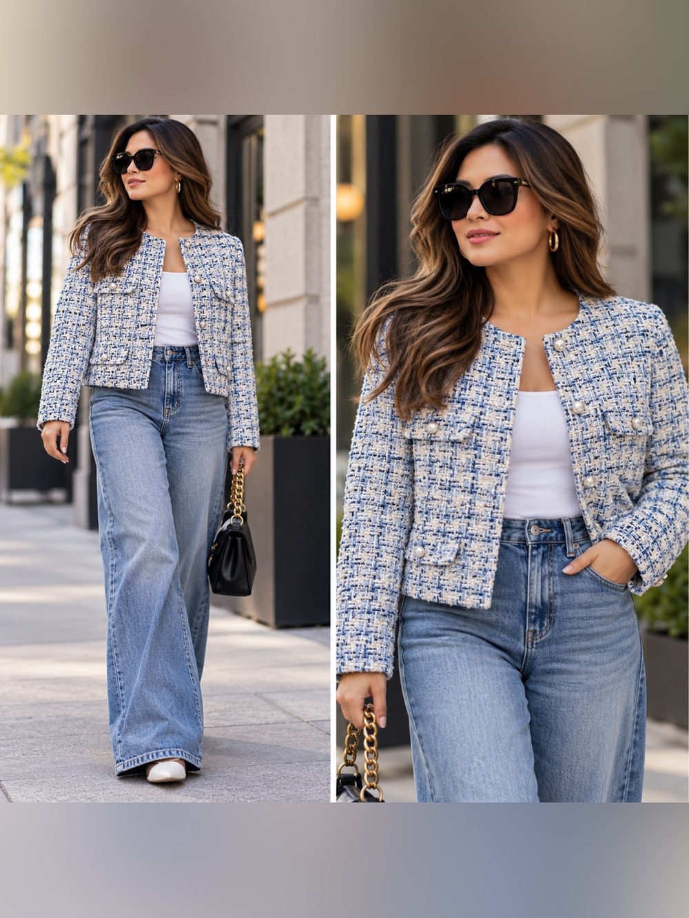 H&M Blue and White Tweed Collarless Blazer NWOT Large